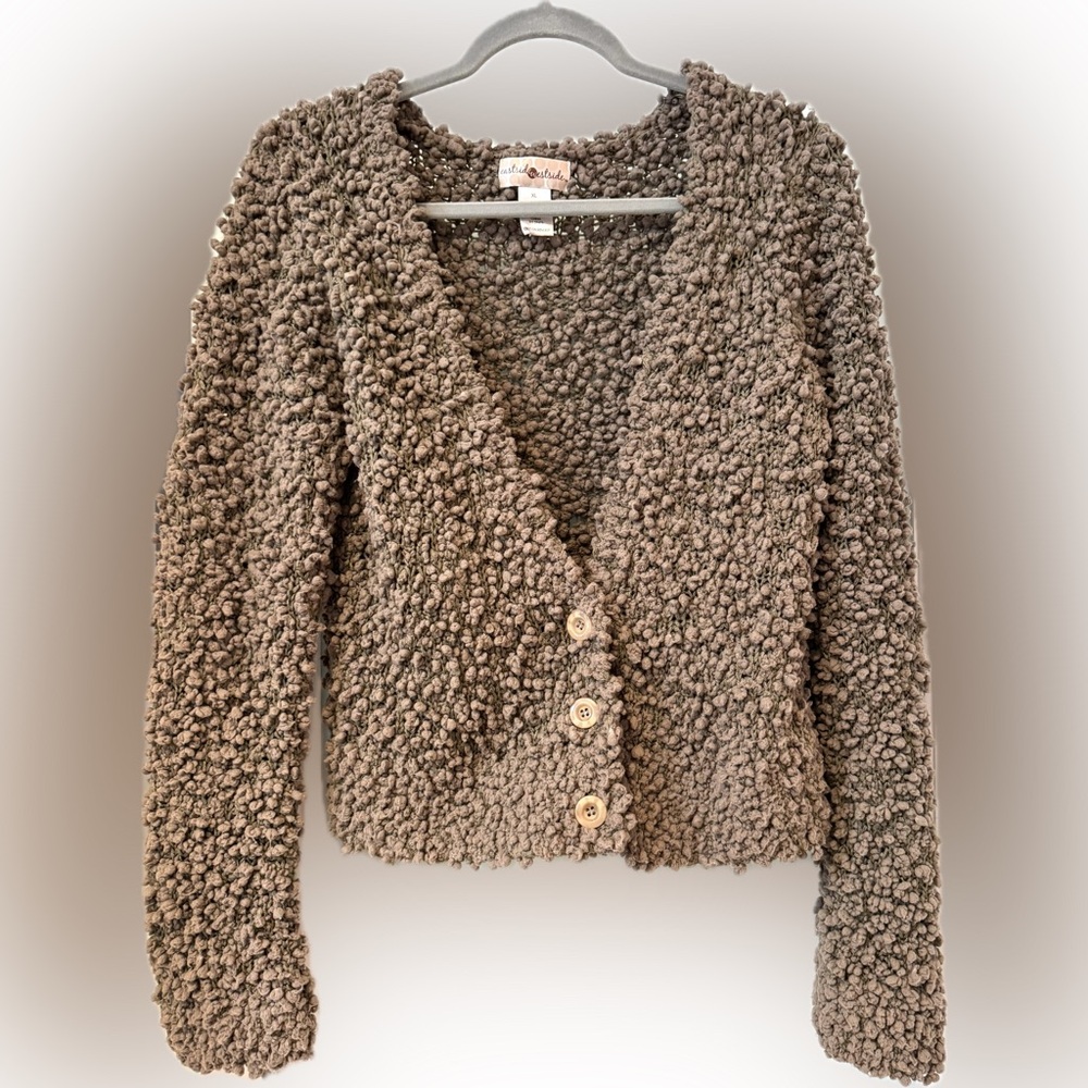 Eastside Westside Cardigan Popcorn Cardigan Sweater Size L Dusty Brown Knit BOHO